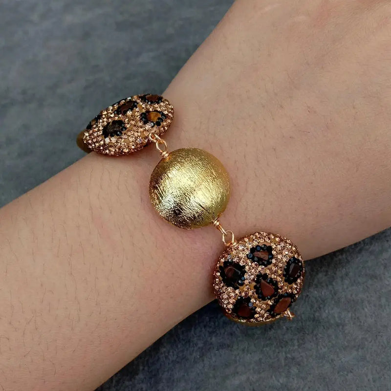 KKGEM Tiger Eye Chips Crystal Pave Coin Bead Bracelet