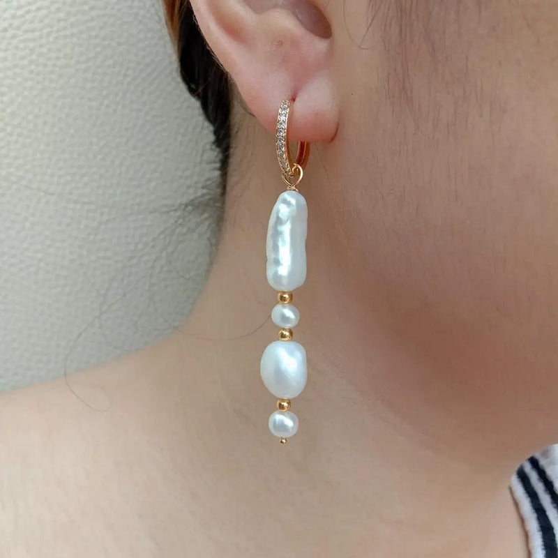 KKGEM Biwa & Potato Pearl CZ Pave Hoop Earrings