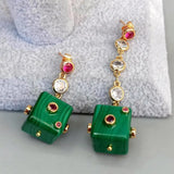 KKGEM Cz Pave Link Chain 14mm Green Malachite Cube Stud Earrings