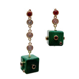 KKGEM Cz Pave Link Chain 14mm Green Malachite Cube Stud Earrings