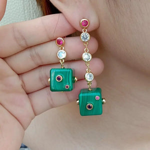 KKGEM Cz Pave Link Chain 14mm Green Malachite Cube Stud Earrings