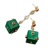 KKGEM Cz Pave Link Chain 14mm Green Malachite Cube Stud Earrings