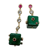 KKGEM Cz Pave Link Chain 14mm Green Malachite Cube Stud Earrings