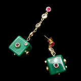 KKGEM Cz Pave Link Chain 14mm Green Malachite Cube Stud Earrings