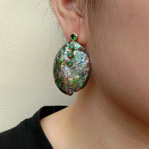 KKGEM Abalone Shell Green Cz Stud Earrings