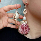KKGEM Rice Pearl Asymmetrical Spiral Shell Dangle Stud Earrings