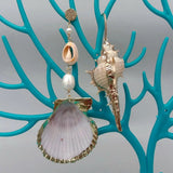 KKGEM Rice Pearl Asymmetrical Spiral Shell Dangle Stud Earrings
