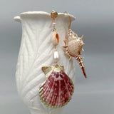 KKGEM Rice Pearl Asymmetrical Spiral Shell Dangle Stud Earrings