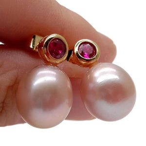 KKGEM 10x13mm Purple Freshwater Pearl Fuchsia Rhinestone Stud Earrings