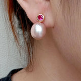 KKGEM 10x13mm Purple Freshwater Pearl Fuchsia Rhinestone Stud Earrings