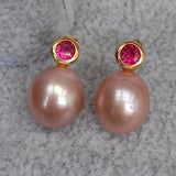 KKGEM 10x13mm Purple Freshwater Pearl Fuchsia Rhinestone Stud Earrings