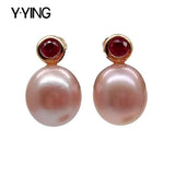 KKGEM 10x13mm Purple Freshwater Pearl Fuchsia Rhinestone Stud Earrings