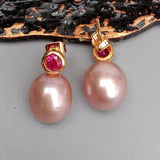 KKGEM 10x13mm Purple Freshwater Pearl Fuchsia Rhinestone Stud Earrings