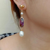 KKGEM 12x22mm Oval Amethyst Pearl Elephant Stud Earrings
