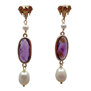 KKGEM 12x22mm Oval Amethyst Pearl Elephant Stud Earrings