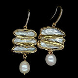 KKGEM 32x35mm Biwa Pearl Earrings CZ Pave Dangle Hook