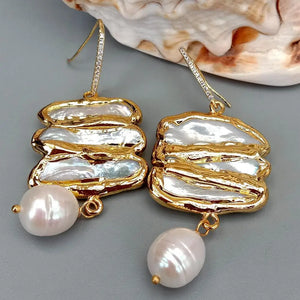 KKGEM 32x35mm Biwa Pearl Earrings CZ Pave Dangle Hook