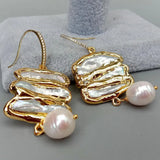 KKGEM 32x35mm Biwa Pearl Earrings CZ Pave Dangle Hook