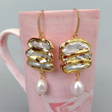 KKGEM 32x35mm Biwa Pearl Earrings CZ Pave Dangle Hook