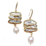 KKGEM 32x35mm Biwa Pearl Earrings CZ Pave Dangle Hook