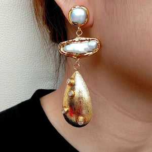 KKGEM 12x28mm Biwa Pearl Teardrop Earrings