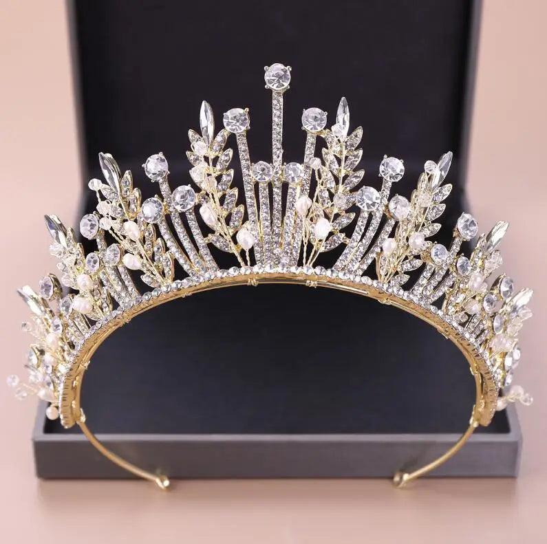 Baroque Bridal Crystal Leaf Crowns Princess Queen Pageant Prom Pearl Veil Tiaras