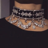 Rhinestone Flower Ribbon Choker Necklace Women Statement Jewelry