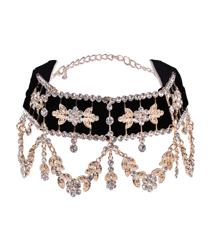 Rhinestone Flower Ribbon Choker Necklace Women Statement Jewelry