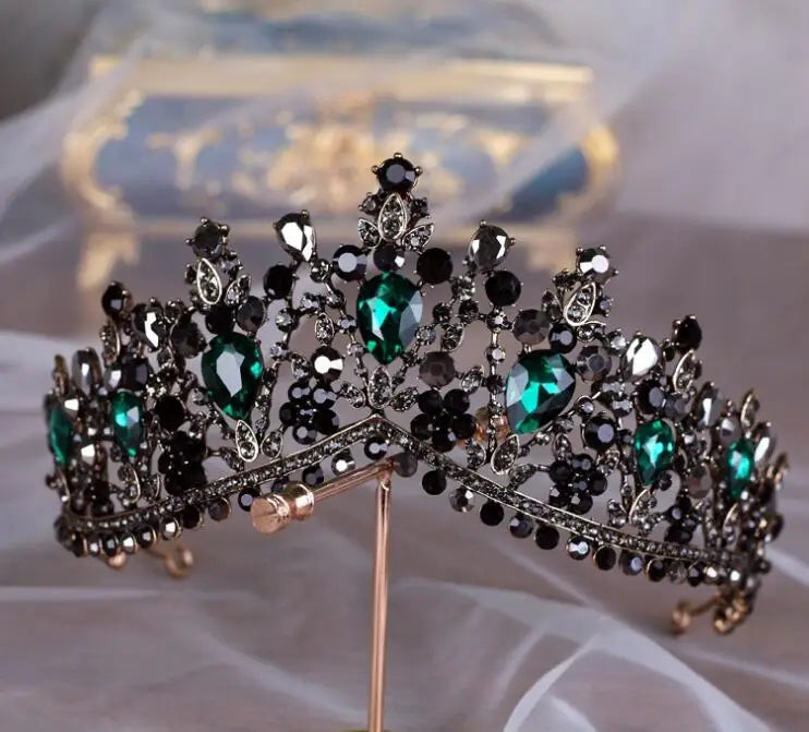 Vintage Green Crystal Tiaras Rhinestone Crown Baroque Bridal Hair Jewelry