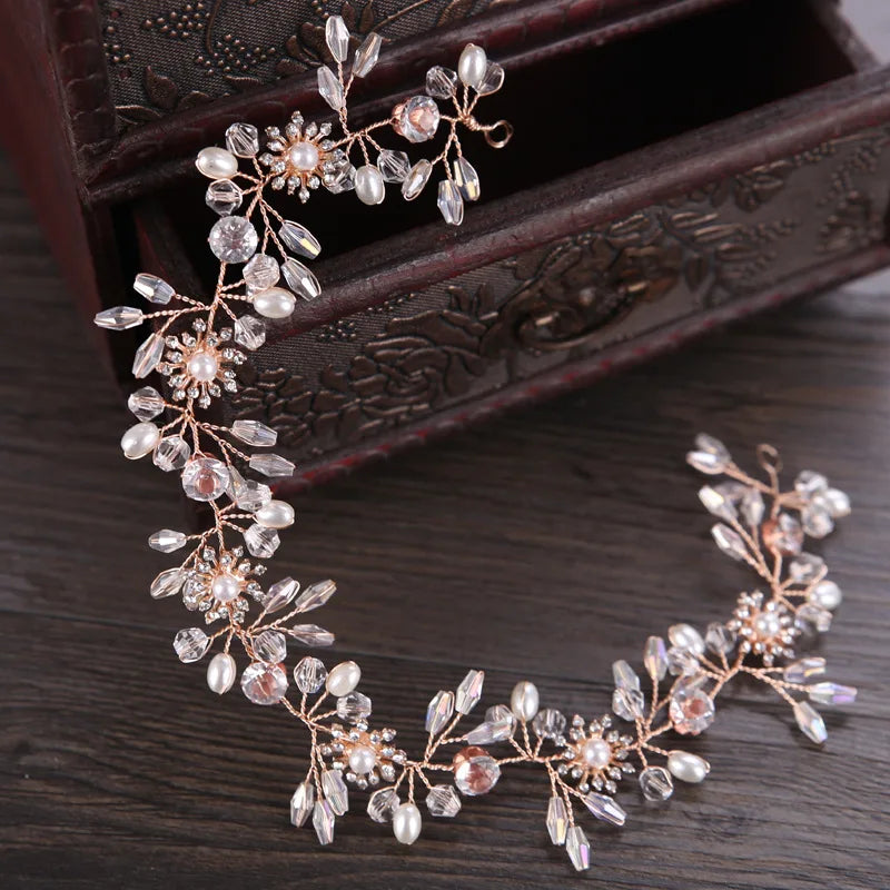 Rose Rhinestones Crystals Pearls Wedding Headband Bridesmaid Bridal Hair Vine