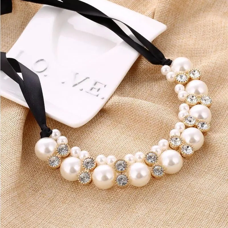 Pearl Choker Necklace Rhinestone Ribbon Necklaces