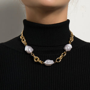Baroque Pearl Choker Necklace with Cuban Chains