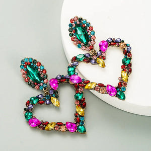 Heart Pendant Dangle Earrings Crystal Rhinestone Statement Jewelry