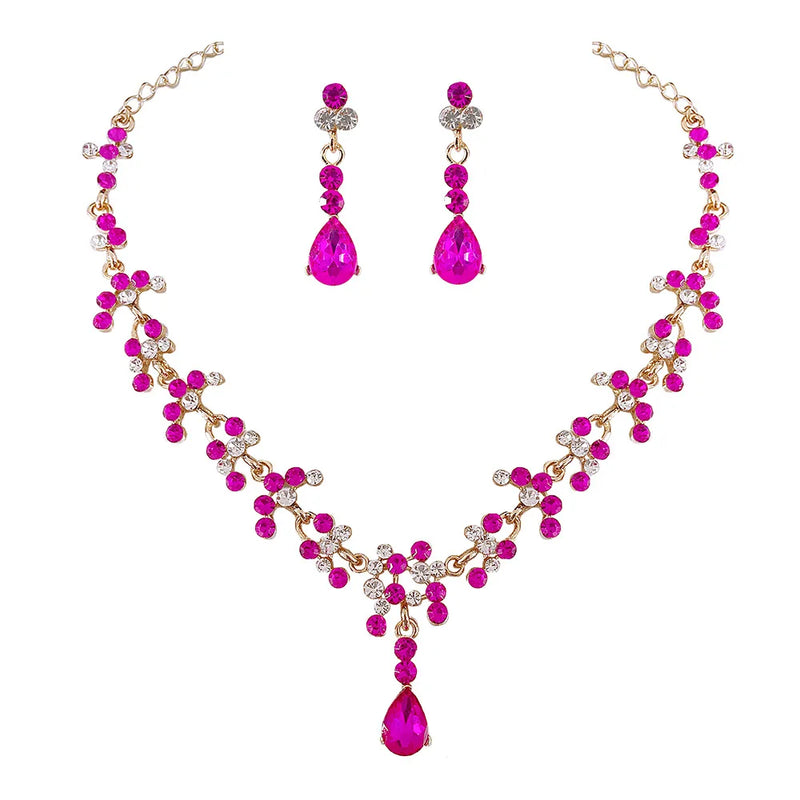 Rose Crystal Bridal Wedding Jewelry Sets Rhinestone Necklace Earrings Set