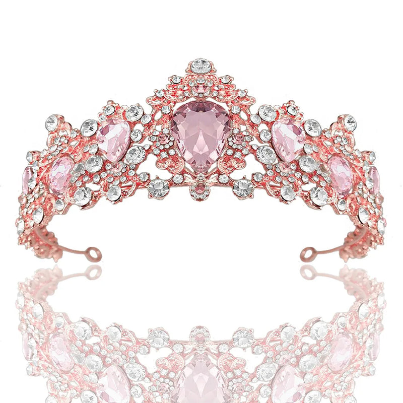 Baroque Crystal Pink Queen Crown Bridal Hair Accessories