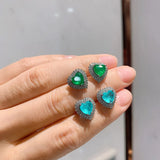 Heart 7*7 Paraiba Tourmaline Emerald Stone Earrings, Lab Diamonds, Fine Jewelry