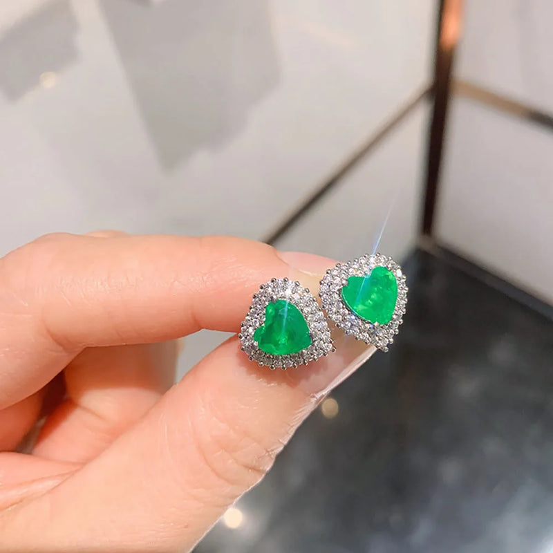 Heart 7*7 Paraiba Tourmaline Emerald Stone Earrings, Lab Diamonds, Fine Jewelry