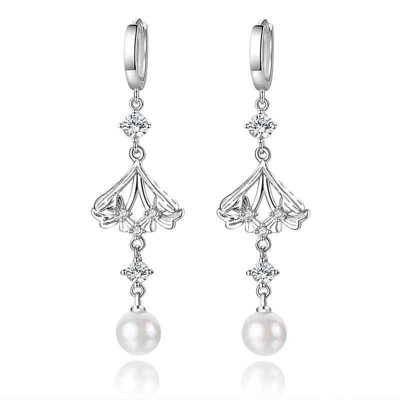 Zircon Flower Earrings 925 Silver Pearl Tassel Lady Party Accessories