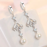 Zircon Flower Earrings 925 Silver Pearl Tassel Lady Party Accessories