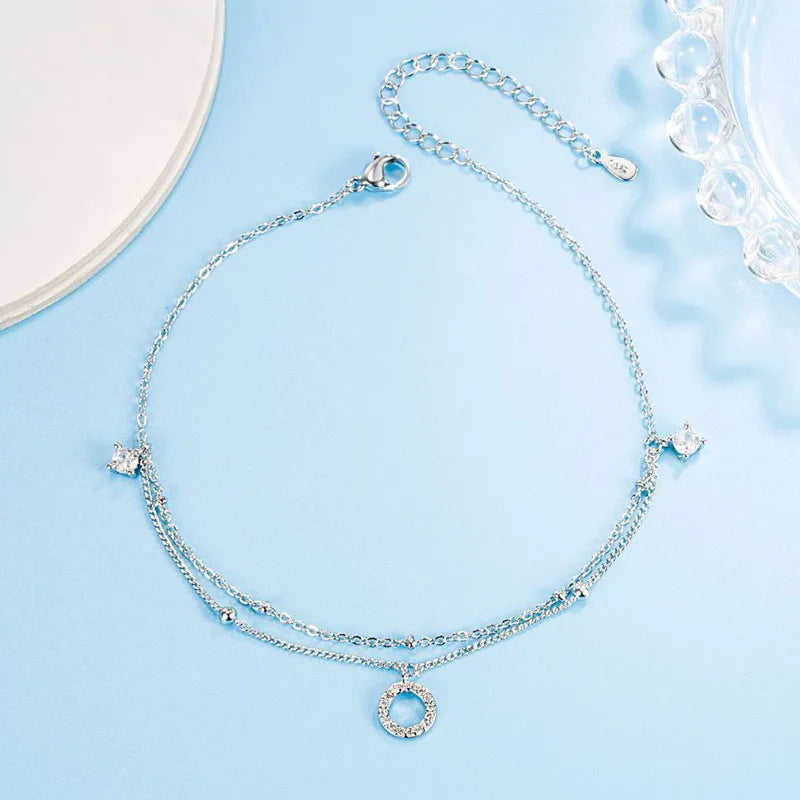 925 Silver Double Layer Anklet Zircon Round Anklets