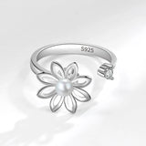 Adjustable 925 Silver Pearl Flower Ring for Women