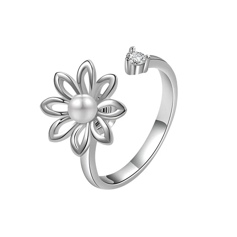 Adjustable 925 Silver Pearl Flower Ring for Women