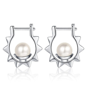 Silver Sun Charm Pearl Hoop Earrings 925 Sterling Silver