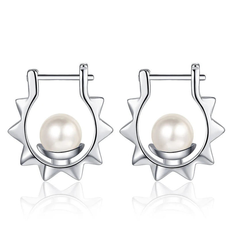 Silver Sun Charm Pearl Hoop Earrings 925 Sterling Silver