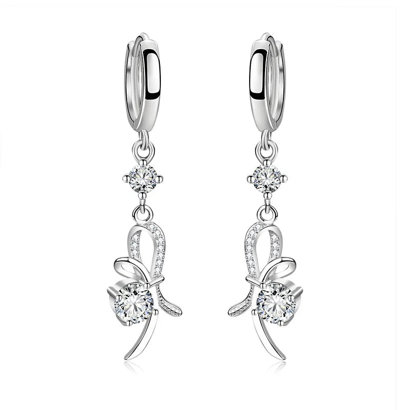 Romantic Crystal Bow Tie Earrings 925 Sterling Silver