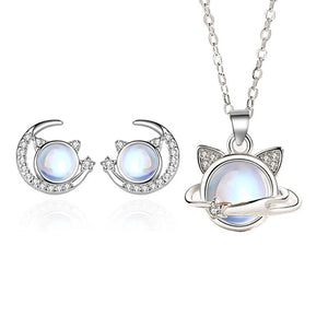 Crystal Cat Star Moon Necklace Earrings Set 925 Silver Jewelry Girl Gift