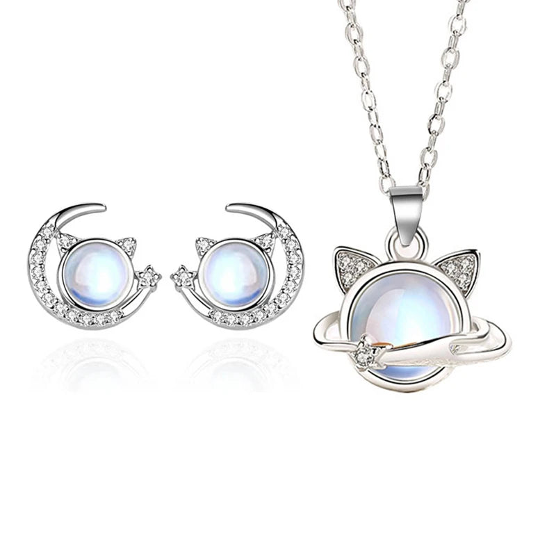 Crystal Cat Star Moon Necklace Earrings Set 925 Silver Jewelry Girl Gift