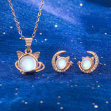 Crystal Cat Star Moon Necklace Earrings Set 925 Silver Jewelry Girl Gift