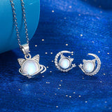 Crystal Cat Star Moon Necklace Earrings Set 925 Silver Jewelry Girl Gift