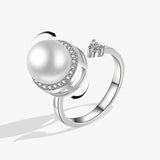 925 Silver Rotating Pearl Ring for Women Geometric Round Jewelry